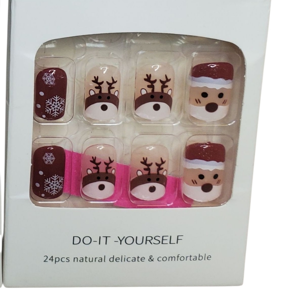 Christmas Press On False Nails Short Shiny Holiday Themed Fake Nail